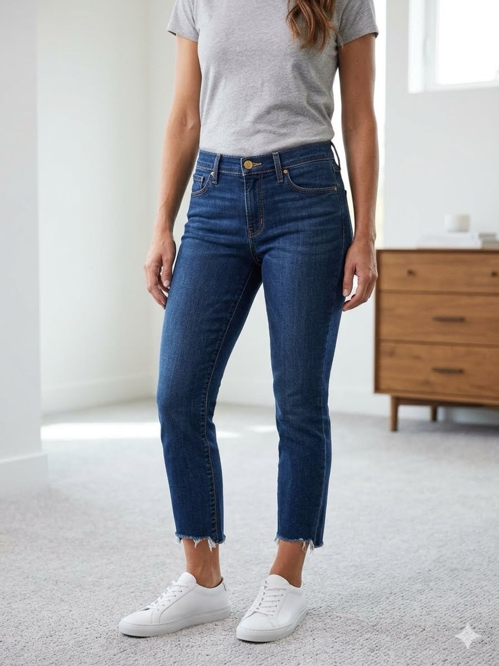 Women's Cropped Frayed Hem Jeans - Dark Blue